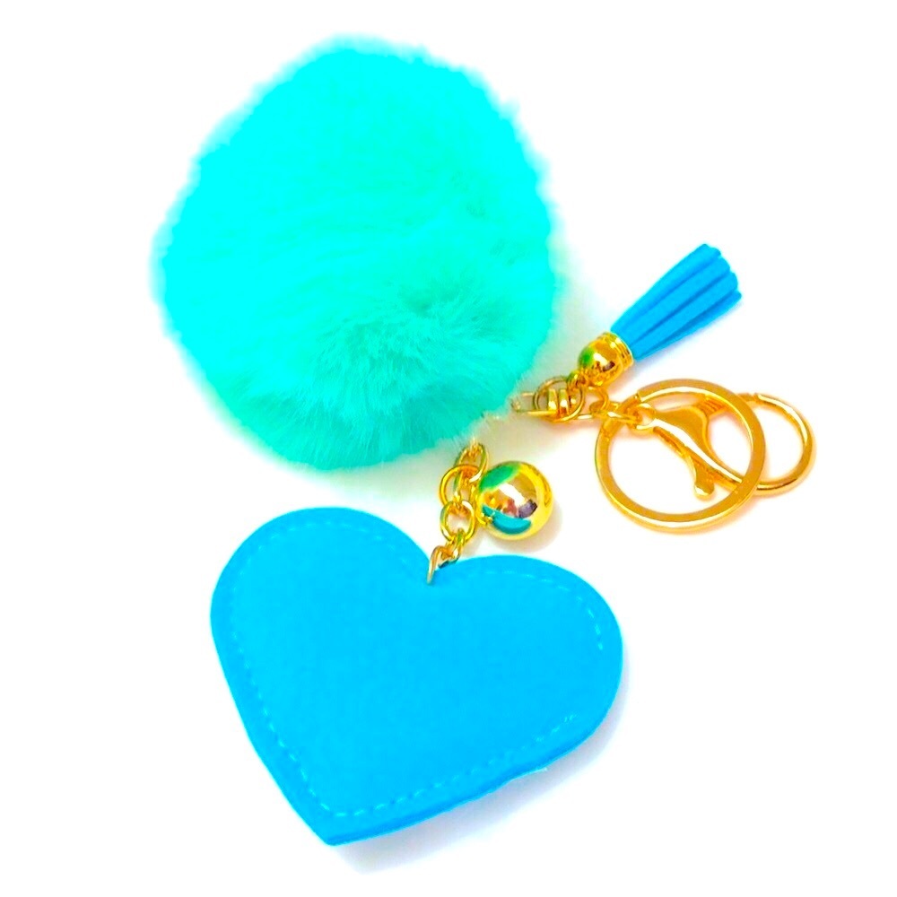 Teal Heart Keychain with Pom Pom - Picture 2 of 2